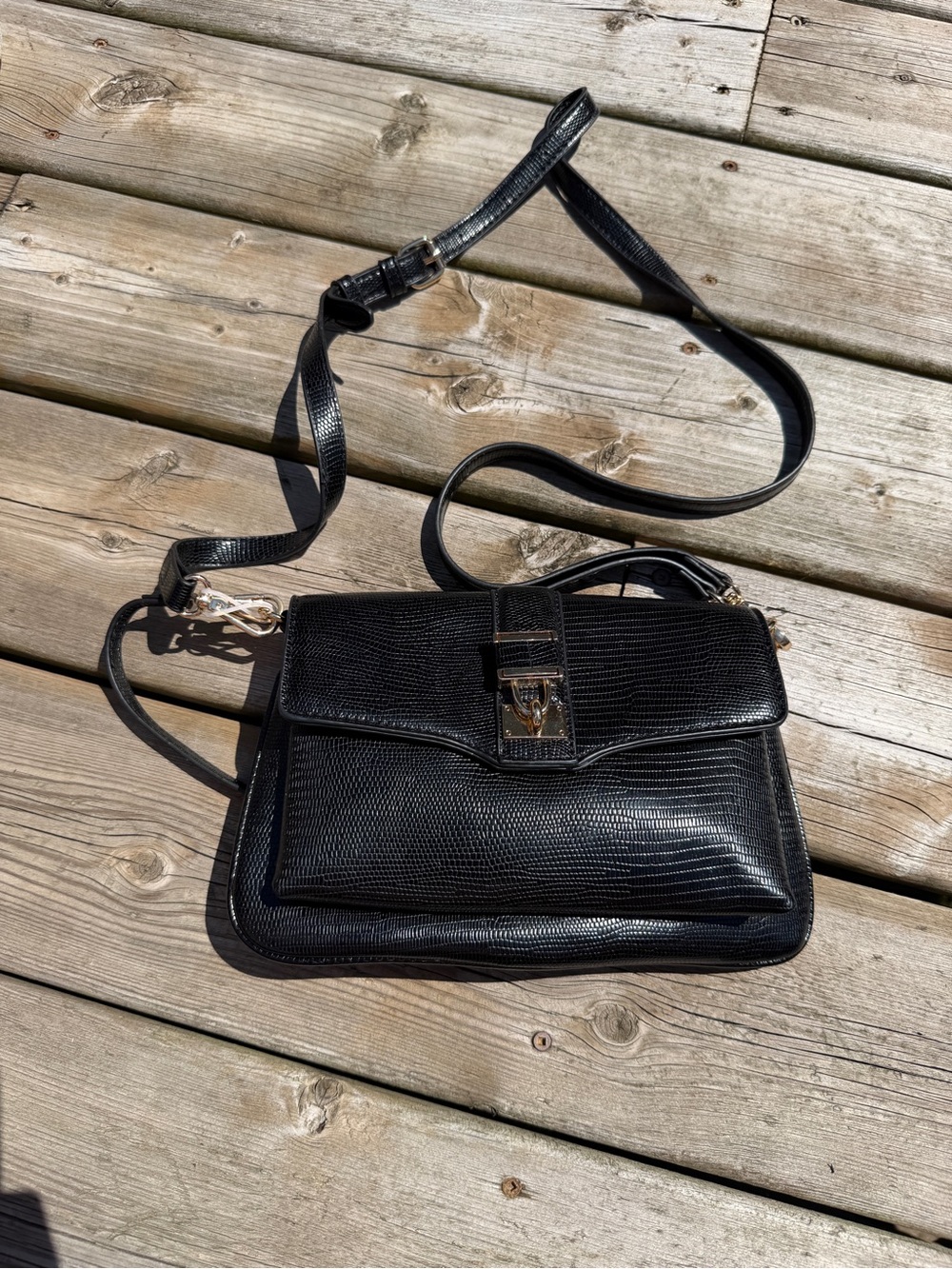 Anne Klein Black Lizard Embossed Crossbody Bag Padlock Flap Purse Shoulder Bag